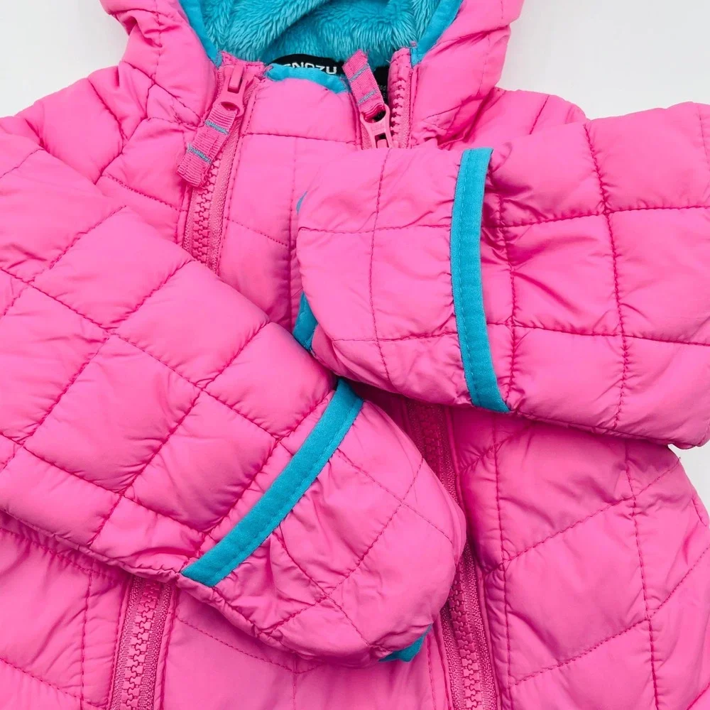 EUC Snozu Baby Pink Quilted Snowsuit Bunting Hooded Zip Cozy Sherpa Lined9-12 Mo